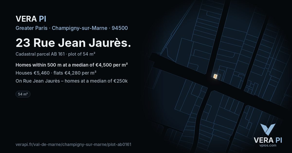 23 Rue Jean Jaurès, Champigny-sur-Marne at night – the plot lit, the parcels around coloured by the prices near them
