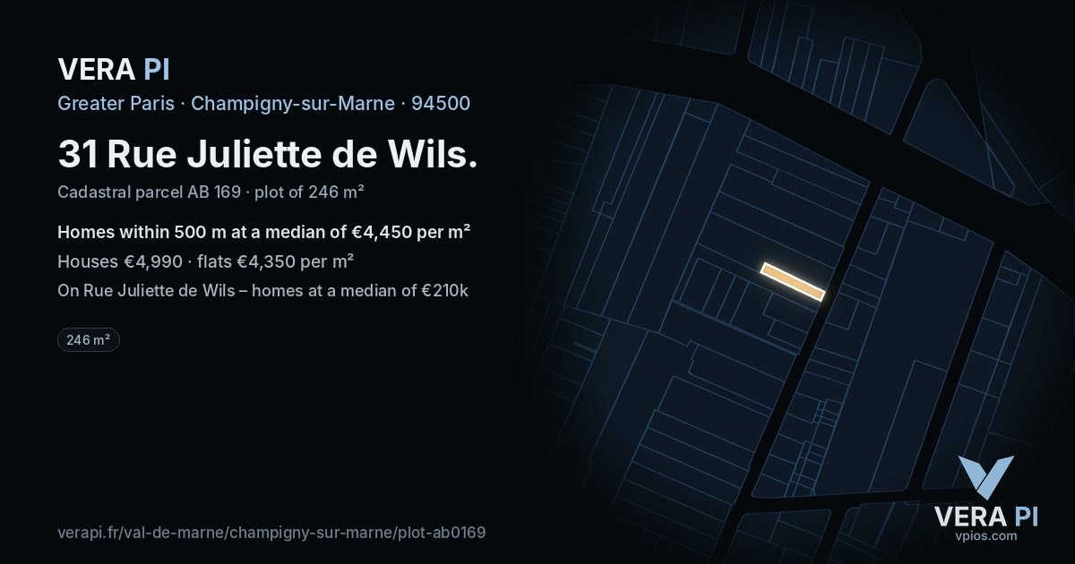 31 Rue Juliette de Wils, Champigny-sur-Marne at night – the plot lit, the parcels around coloured by the prices near them