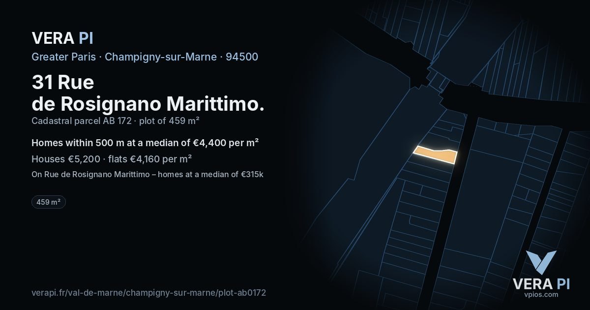 31 Rue de Rosignano Marittimo, Champigny-sur-Marne at night – the plot lit, the parcels around coloured by the prices near them