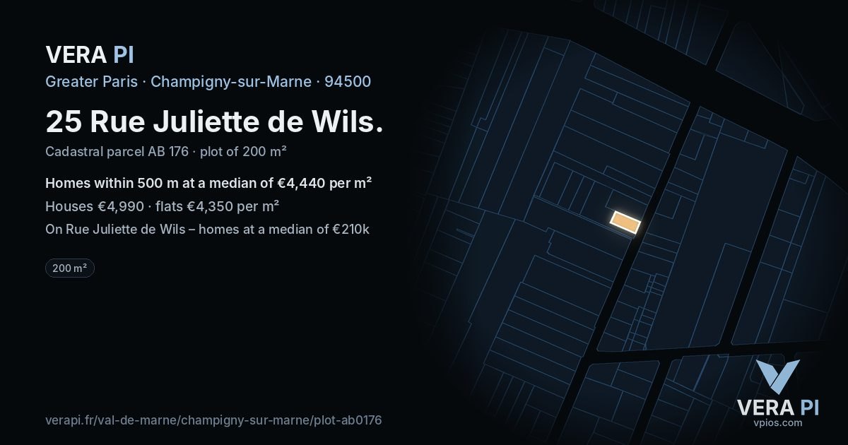 25 Rue Juliette de Wils, Champigny-sur-Marne at night – the plot lit, the parcels around coloured by the prices near them