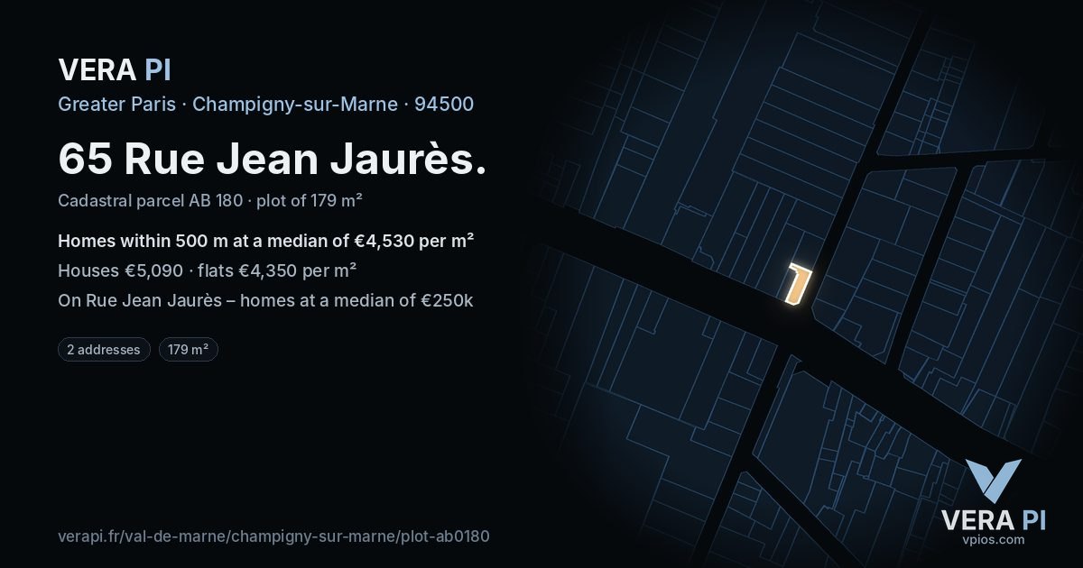 65 Rue Jean Jaurès, Champigny-sur-Marne at night – the plot lit, the parcels around coloured by the prices near them
