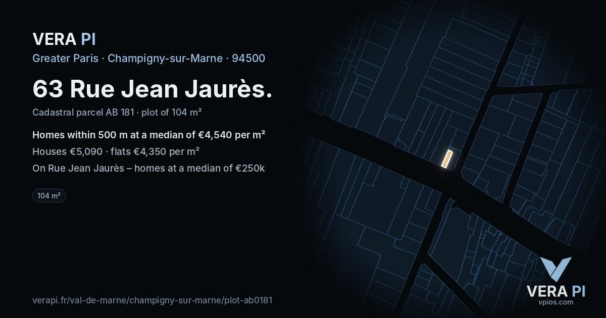 63 Rue Jean Jaurès, Champigny-sur-Marne at night – the plot lit, the parcels around coloured by the prices near them