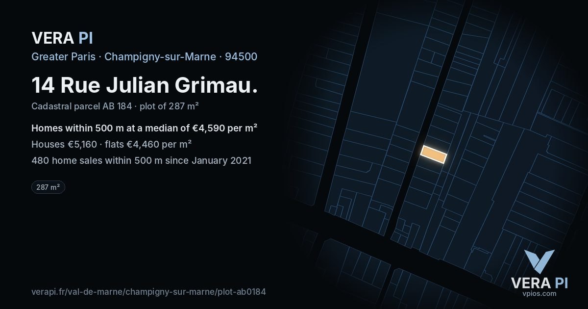 14 Rue Julian Grimau, Champigny-sur-Marne at night – the plot lit, the parcels around coloured by the prices near them