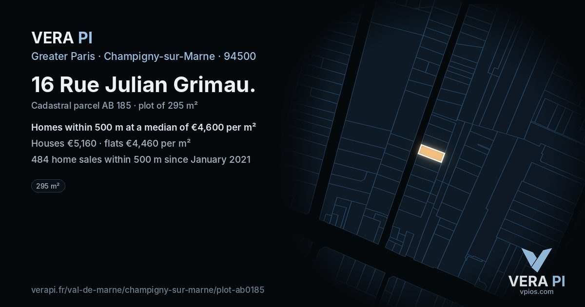 16 Rue Julian Grimau, Champigny-sur-Marne at night – the plot lit, the parcels around coloured by the prices near them