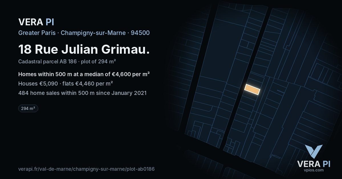 18 Rue Julian Grimau, Champigny-sur-Marne at night – the plot lit, the parcels around coloured by the prices near them