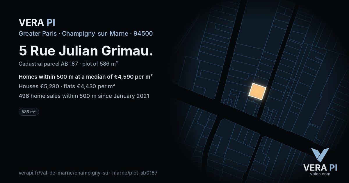 5 Rue Julian Grimau, Champigny-sur-Marne at night – the plot lit, the parcels around coloured by the prices near them