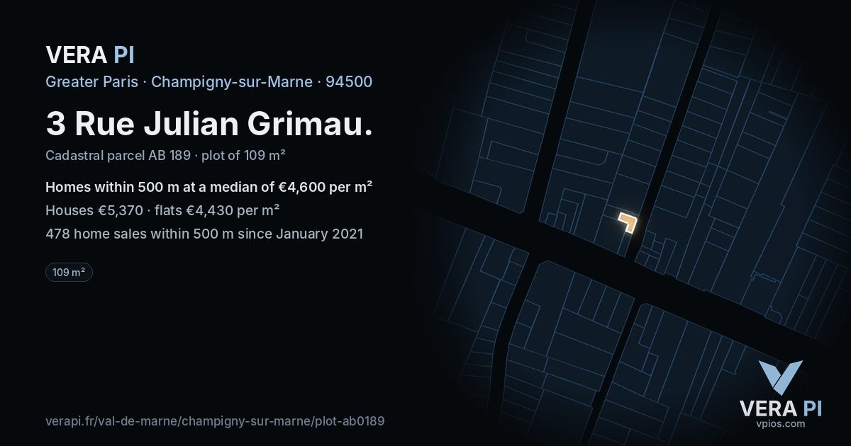 3 Rue Julian Grimau, Champigny-sur-Marne at night – the plot lit, the parcels around coloured by the prices near them