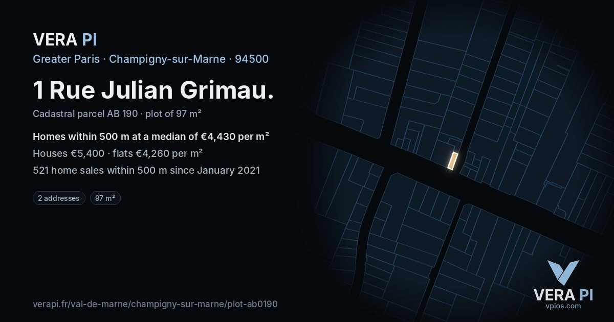 1 Rue Julian Grimau, Champigny-sur-Marne at night – the plot lit, the parcels around coloured by the prices near them