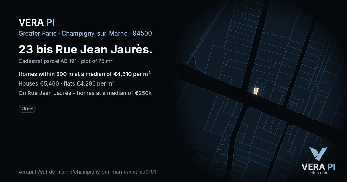 23 bis Rue Jean Jaurès, Champigny-sur-Marne at night – the plot lit, the parcels around coloured by the prices near them