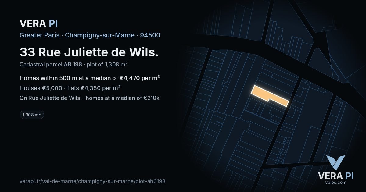 33 Rue Juliette de Wils, Champigny-sur-Marne at night – the plot lit, the parcels around coloured by the prices near them