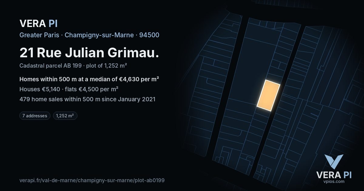 21 Rue Julian Grimau, Champigny-sur-Marne at night – the plot lit, the parcels around coloured by the prices near them