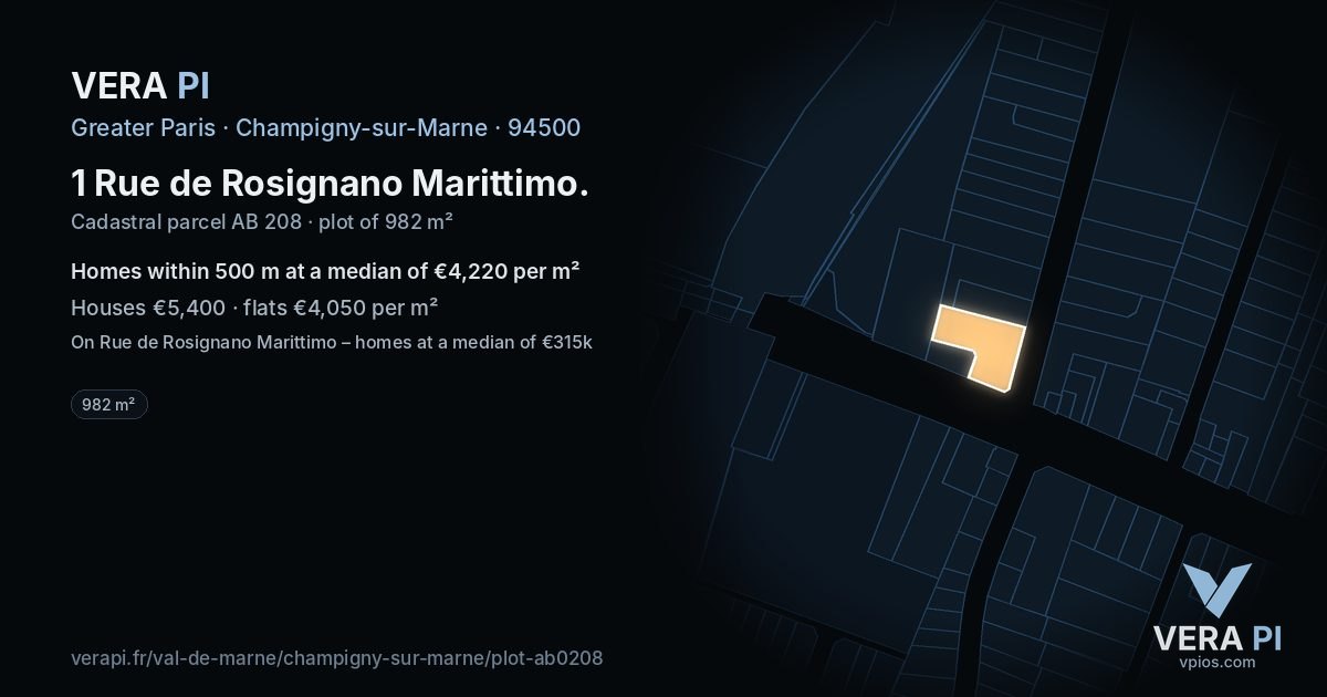 1 Rue de Rosignano Marittimo, Champigny-sur-Marne at night – the plot lit, the parcels around coloured by the prices near them