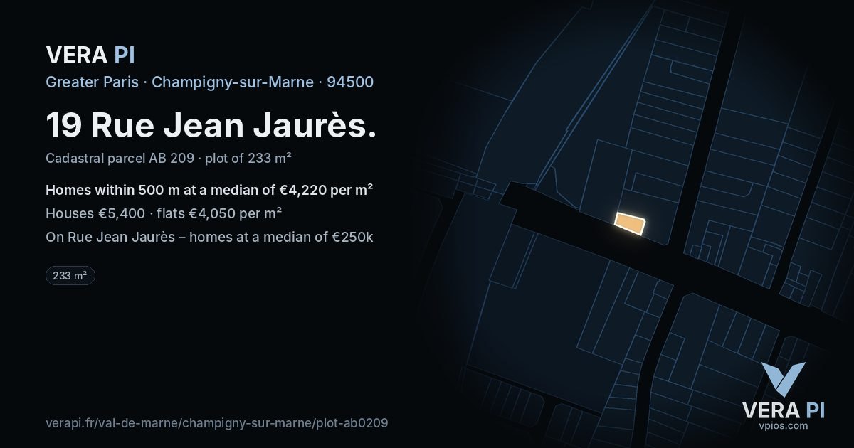 19 Rue Jean Jaurès, Champigny-sur-Marne at night – the plot lit, the parcels around coloured by the prices near them