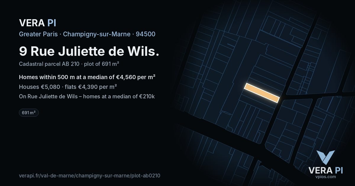 9 Rue Juliette de Wils, Champigny-sur-Marne at night – the plot lit, the parcels around coloured by the prices near them