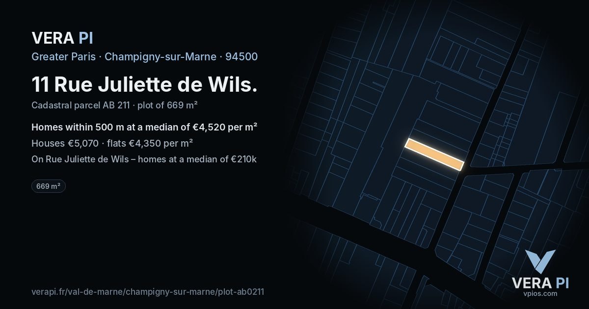 11 Rue Juliette de Wils, Champigny-sur-Marne at night – the plot lit, the parcels around coloured by the prices near them