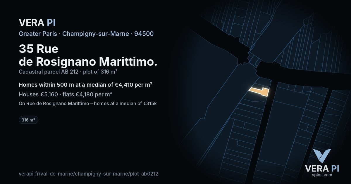 35 Rue de Rosignano Marittimo, Champigny-sur-Marne at night – the plot lit, the parcels around coloured by the prices near them