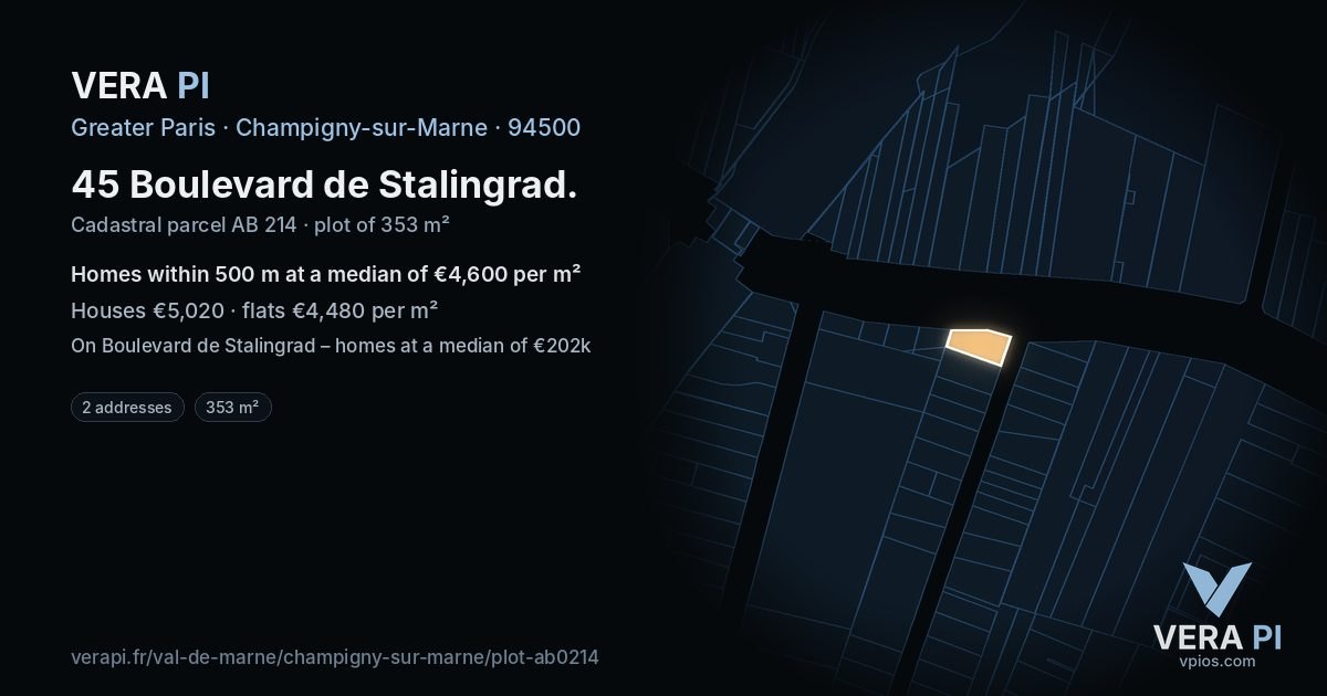 45 Boulevard de Stalingrad, Champigny-sur-Marne at night – the plot lit, the parcels around coloured by the prices near them