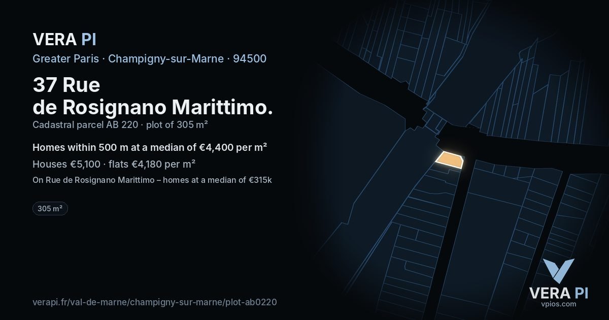 37 Rue de Rosignano Marittimo, Champigny-sur-Marne at night – the plot lit, the parcels around coloured by the prices near them