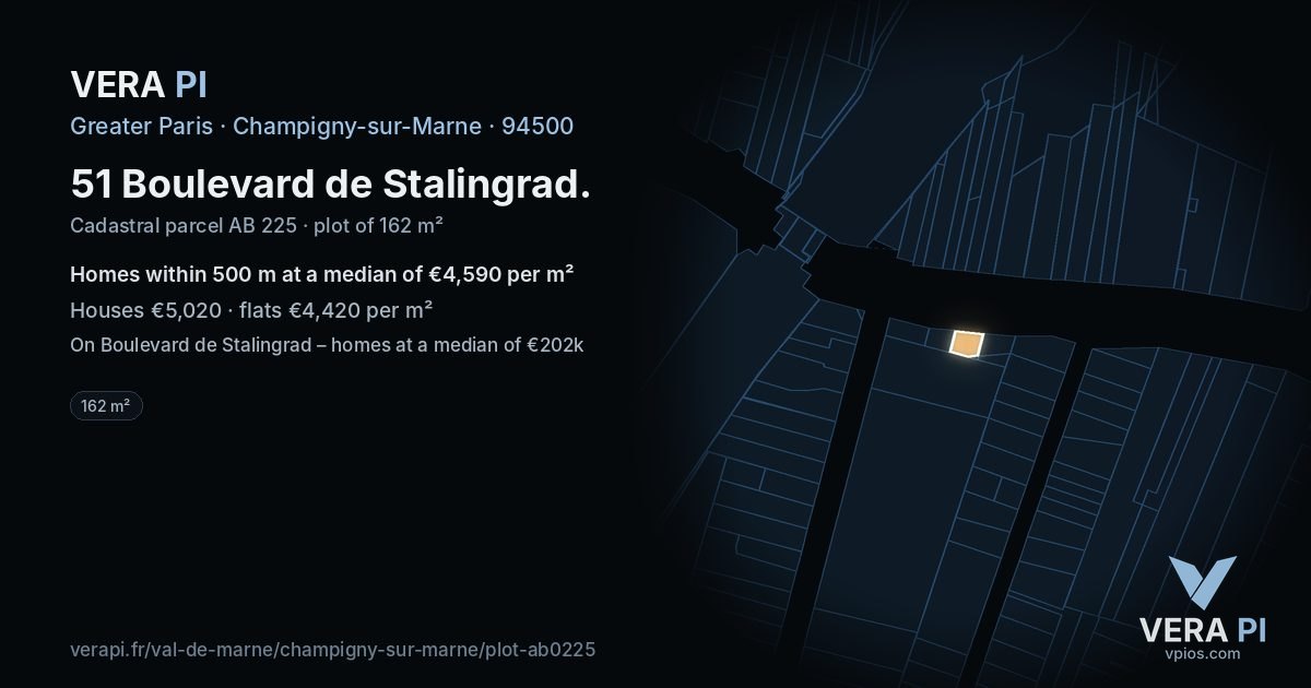 51 Boulevard de Stalingrad, Champigny-sur-Marne at night – the plot lit, the parcels around coloured by the prices near them
