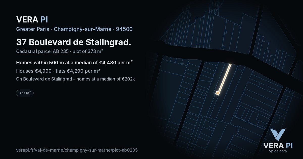 37 Boulevard de Stalingrad, Champigny-sur-Marne at night – the plot lit, the parcels around coloured by the prices near them