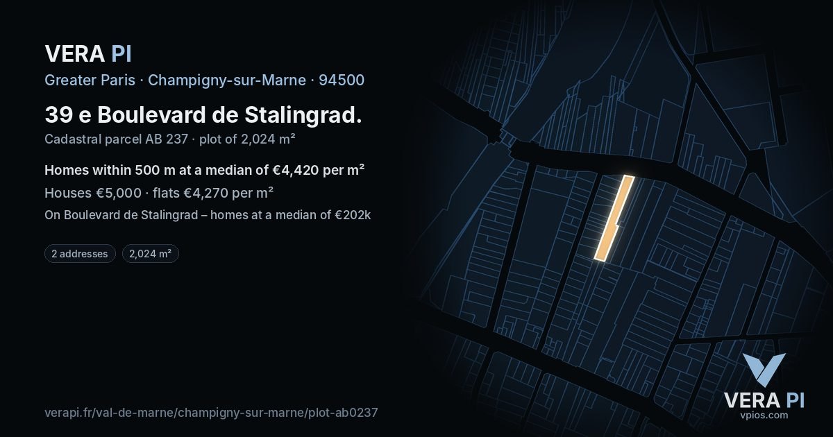39 e Boulevard de Stalingrad, Champigny-sur-Marne at night – the plot lit, the parcels around coloured by the prices near them