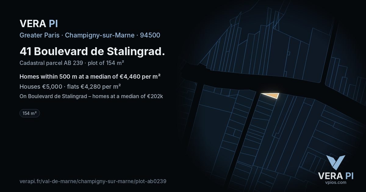 41 Boulevard de Stalingrad, Champigny-sur-Marne at night – the plot lit, the parcels around coloured by the prices near them