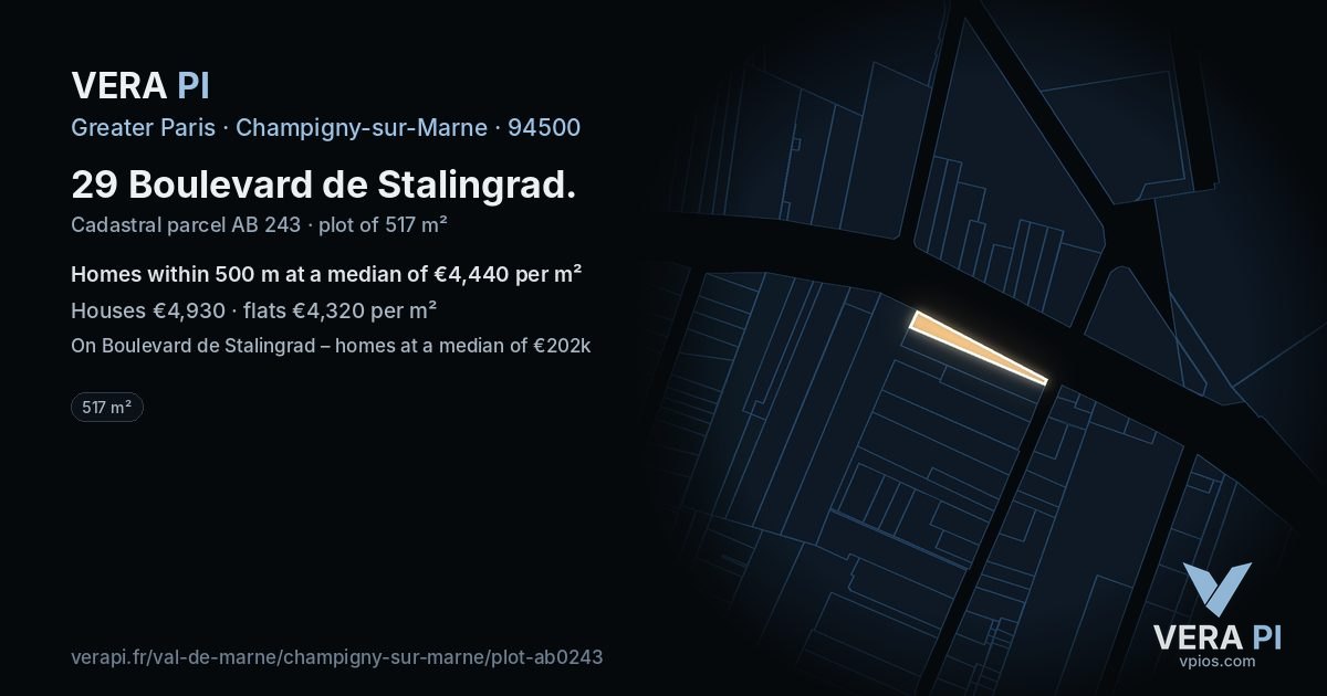 29 Boulevard de Stalingrad, Champigny-sur-Marne at night – the plot lit, the parcels around coloured by the prices near them