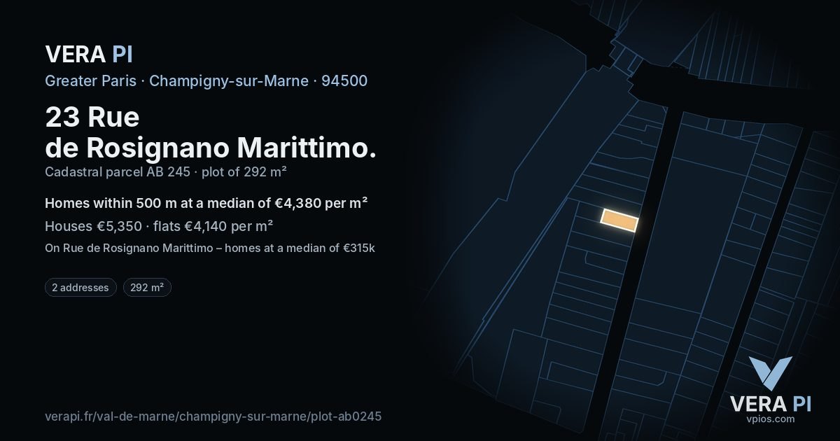 23 Rue de Rosignano Marittimo, Champigny-sur-Marne at night – the plot lit, the parcels around coloured by the prices near them