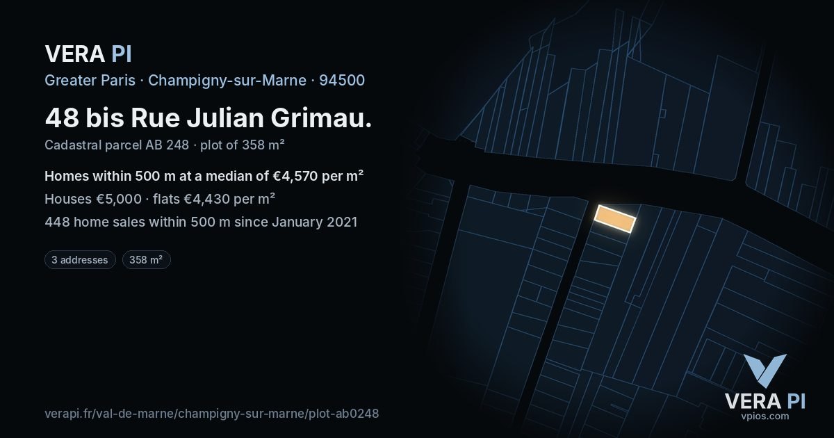 48 bis Rue Julian Grimau, Champigny-sur-Marne at night – the plot lit, the parcels around coloured by the prices near them