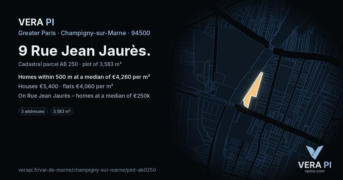 9 Rue Jean Jaurès, Champigny-sur-Marne at night – the plot lit, the parcels around coloured by the prices near them