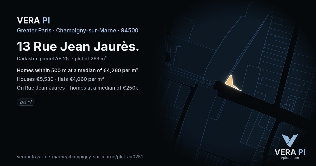 13 Rue Jean Jaurès, Champigny-sur-Marne at night – the plot lit, the parcels around coloured by the prices near them
