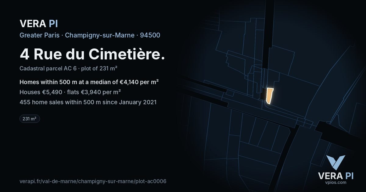 4 Rue du Cimetière, Champigny-sur-Marne at night – the plot lit, the parcels around coloured by the prices near them