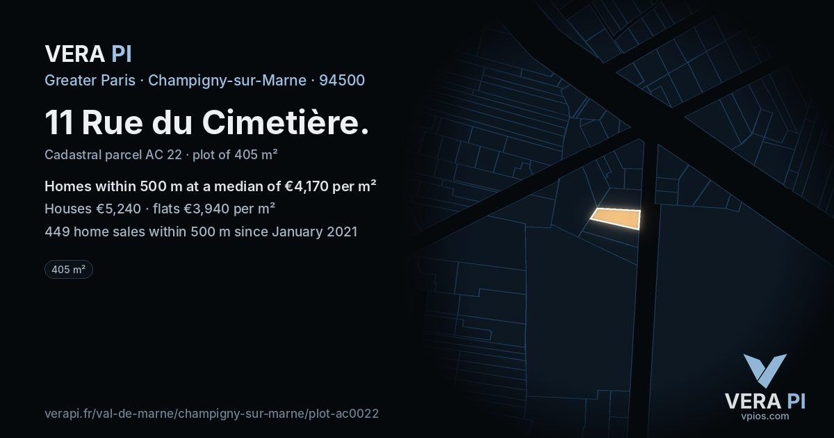 11 Rue du Cimetière, Champigny-sur-Marne at night – the plot lit, the parcels around coloured by the prices near them