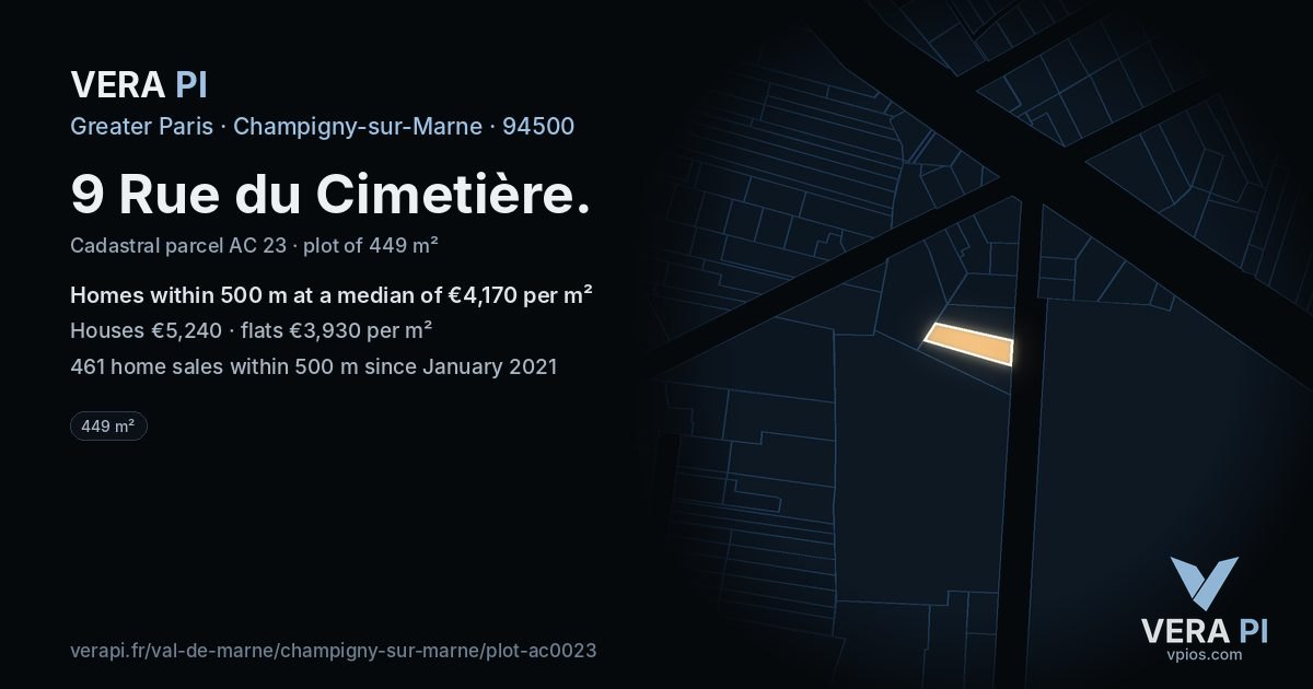 9 Rue du Cimetière, Champigny-sur-Marne at night – the plot lit, the parcels around coloured by the prices near them