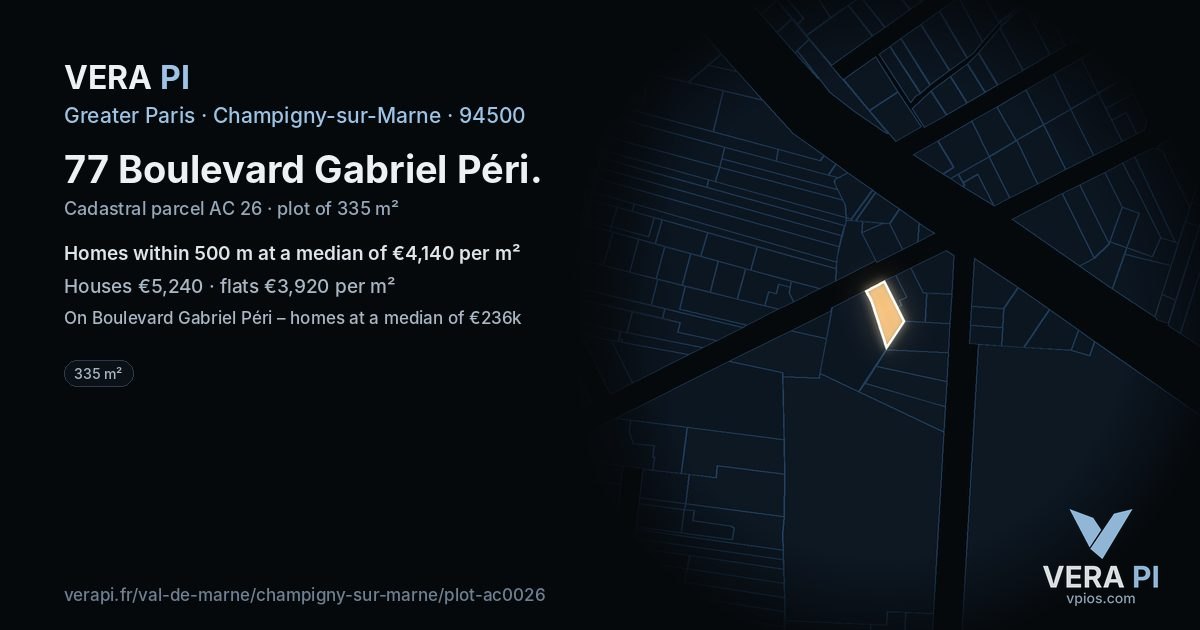 77 Boulevard Gabriel Péri, Champigny-sur-Marne at night – the plot lit, the parcels around coloured by the prices near them