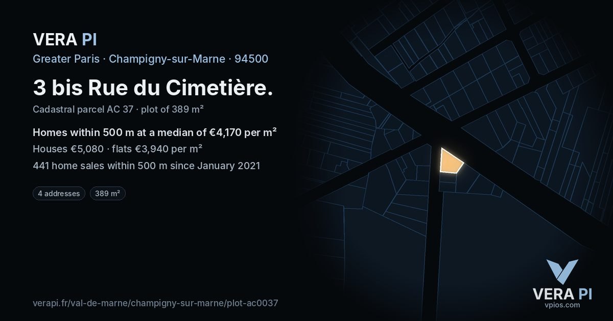 3 bis Rue du Cimetière, Champigny-sur-Marne at night – the plot lit, the parcels around coloured by the prices near them