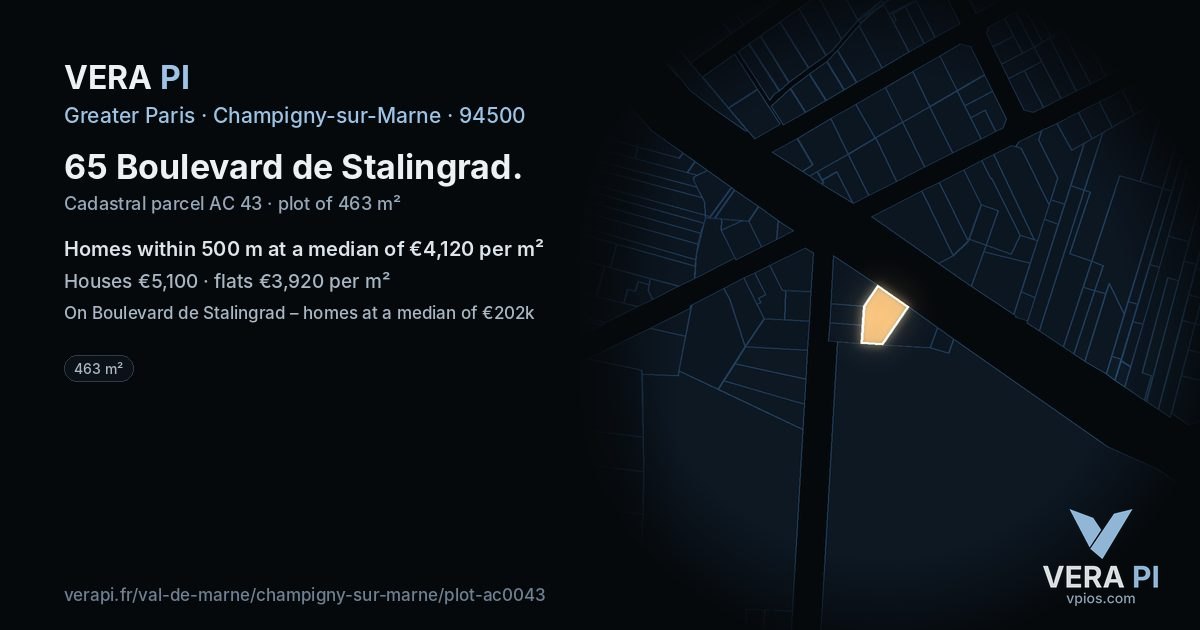 65 Boulevard de Stalingrad, Champigny-sur-Marne at night – the plot lit, the parcels around coloured by the prices near them