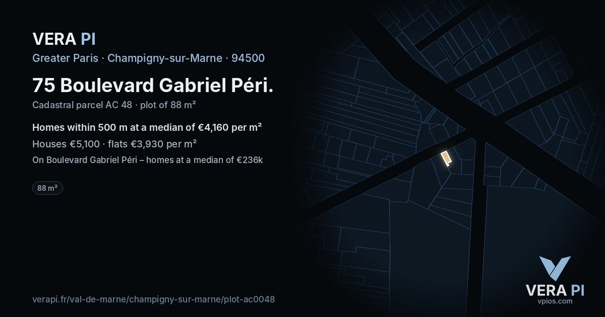 75 Boulevard Gabriel Péri, Champigny-sur-Marne at night – the plot lit, the parcels around coloured by the prices near them