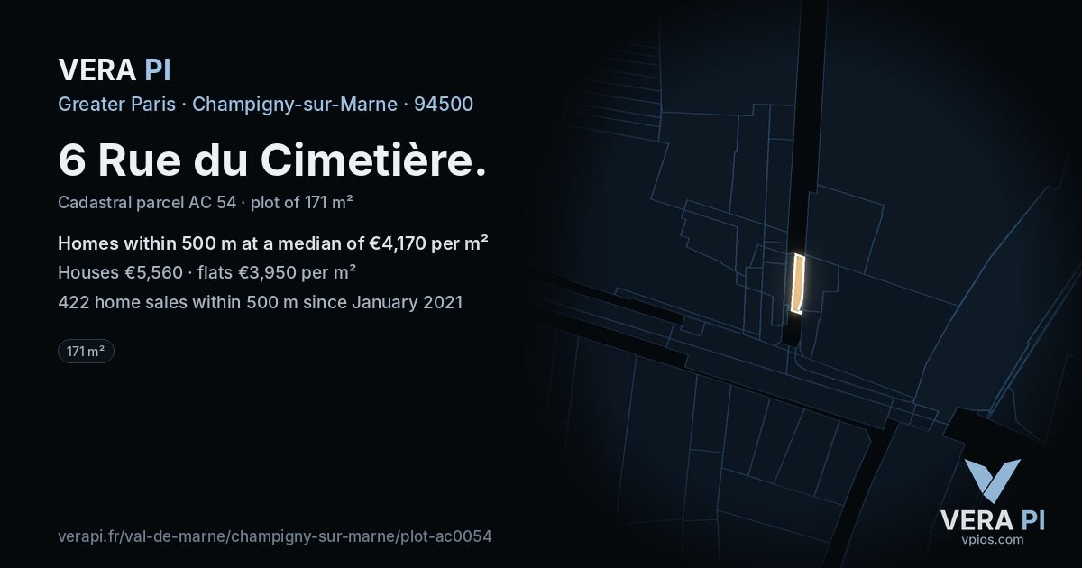 6 Rue du Cimetière, Champigny-sur-Marne at night – the plot lit, the parcels around coloured by the prices near them