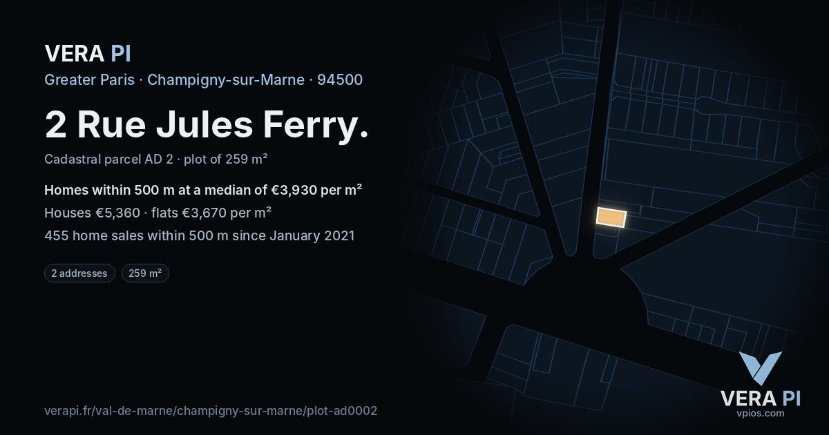 2 Rue Jules Ferry, Champigny-sur-Marne at night – the plot lit, the parcels around coloured by the prices near them