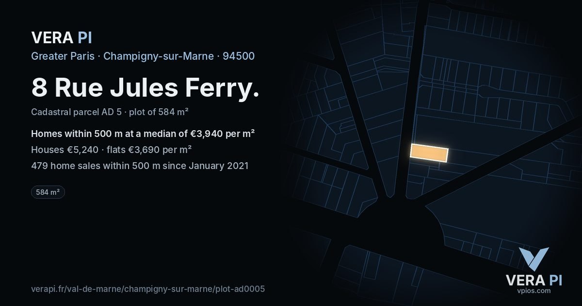 8 Rue Jules Ferry, Champigny-sur-Marne at night – the plot lit, the parcels around coloured by the prices near them
