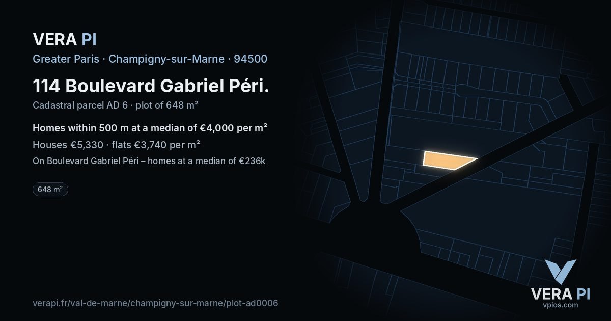 114 Boulevard Gabriel Péri, Champigny-sur-Marne at night – the plot lit, the parcels around coloured by the prices near them