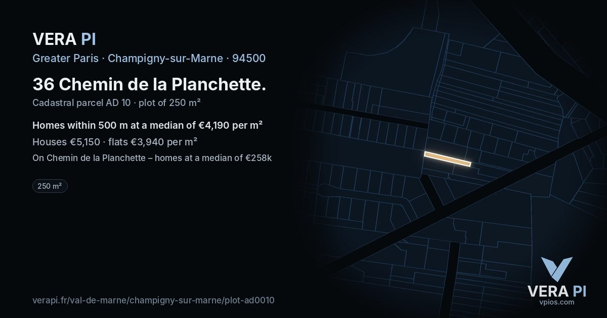 36 Chemin de la Planchette, Champigny-sur-Marne at night – the plot lit, the parcels around coloured by the prices near them