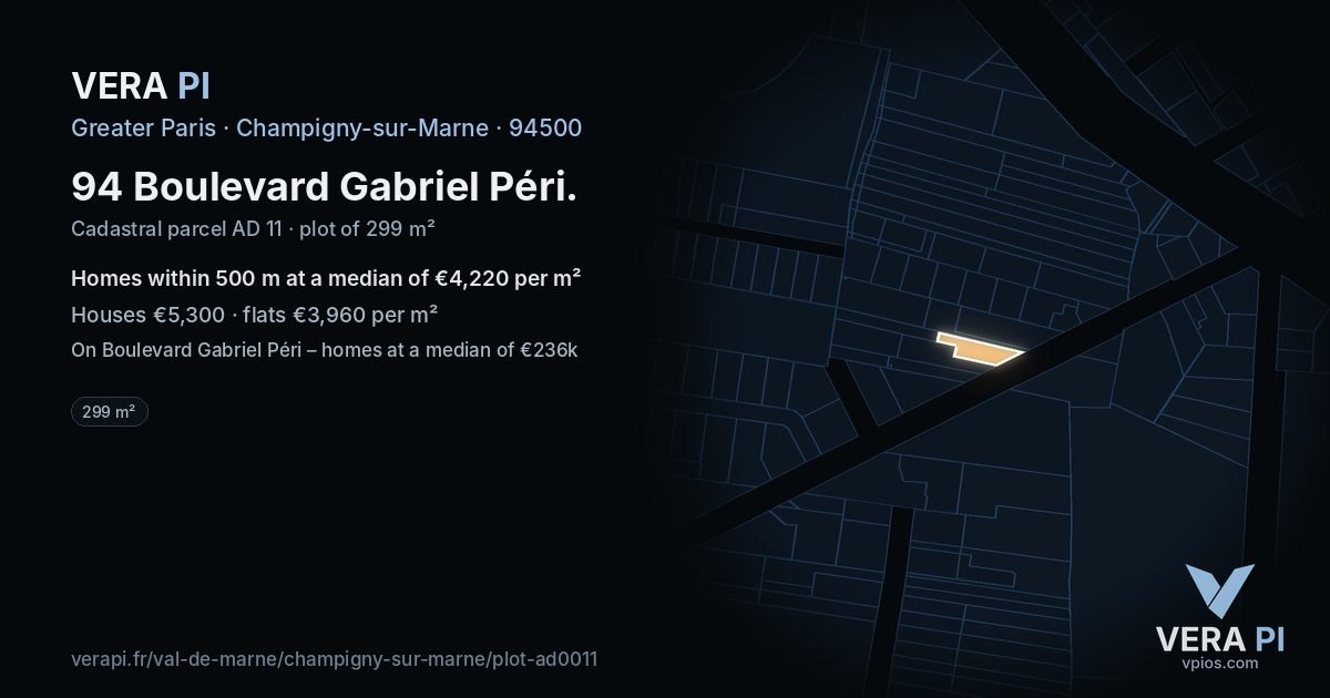 94 Boulevard Gabriel Péri, Champigny-sur-Marne at night – the plot lit, the parcels around coloured by the prices near them