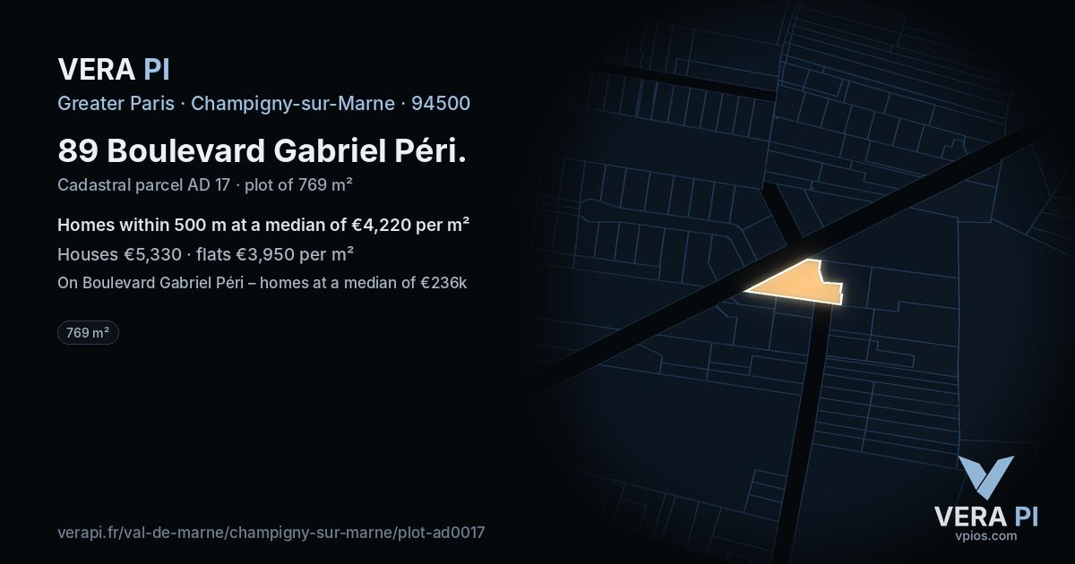 89 Boulevard Gabriel Péri, Champigny-sur-Marne at night – the plot lit, the parcels around coloured by the prices near them