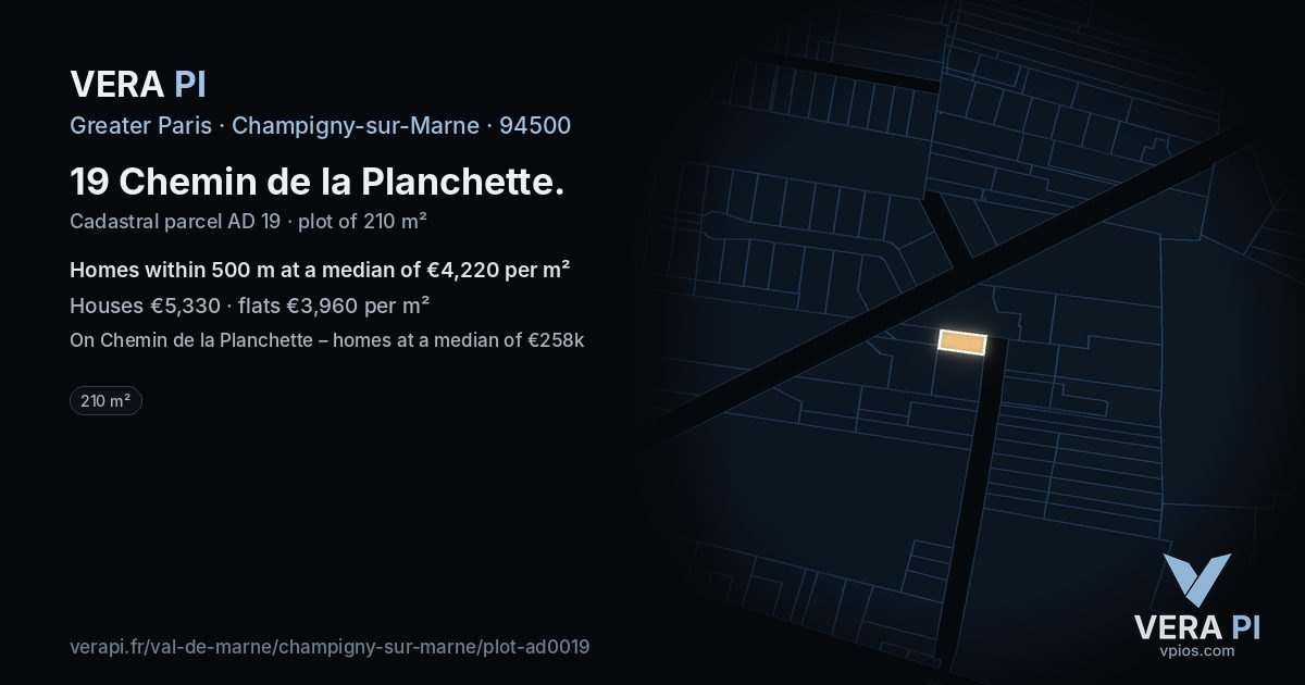 19 Chemin de la Planchette, Champigny-sur-Marne at night – the plot lit, the parcels around coloured by the prices near them