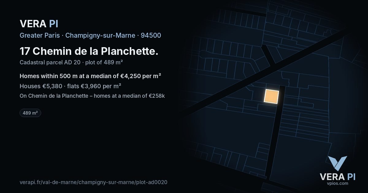 17 Chemin de la Planchette, Champigny-sur-Marne at night – the plot lit, the parcels around coloured by the prices near them