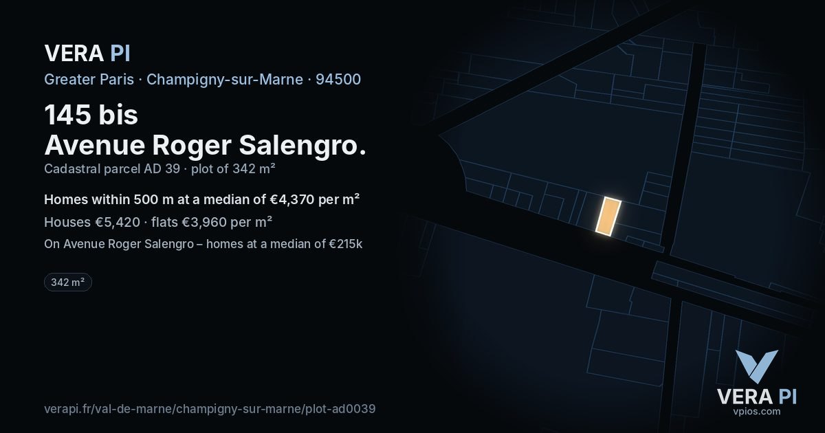 145 bis Avenue Roger Salengro, Champigny-sur-Marne at night – the plot lit, the parcels around coloured by the prices near them