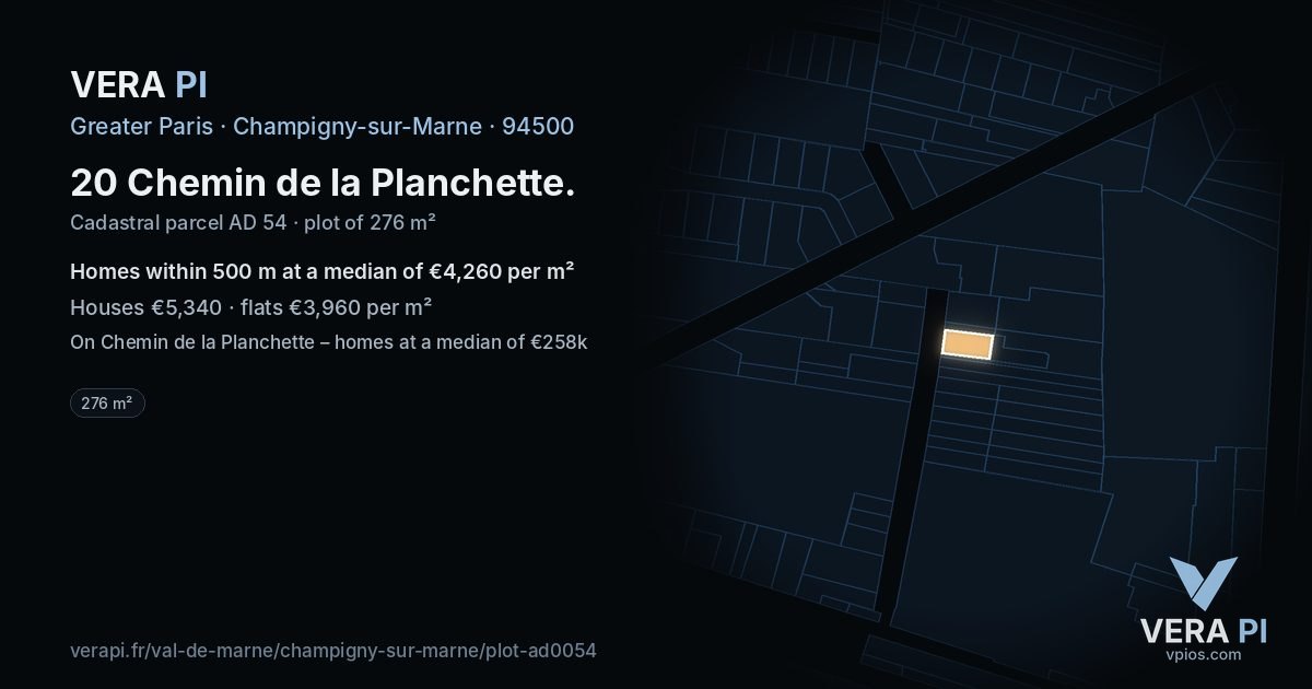20 Chemin de la Planchette, Champigny-sur-Marne at night – the plot lit, the parcels around coloured by the prices near them