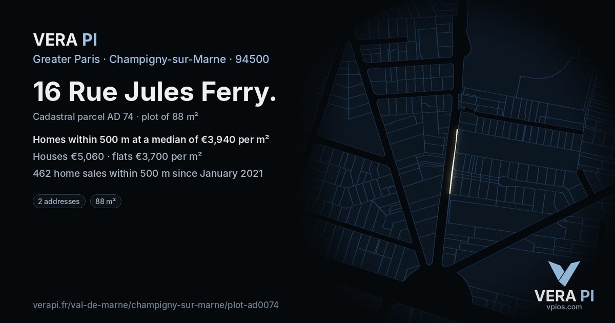 16 Rue Jules Ferry, Champigny-sur-Marne at night – the plot lit, the parcels around coloured by the prices near them